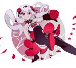  1girl 66732906 bangs bare_shoulders black_footwear black_gloves boots closed_mouth flower gloves hair_between_eyes hair_flower hair_ornament highres honkai_(series) honkai_impact_3rd long_hair looking_at_viewer petals red_eyes red_flower red_rose rose simple_background smile solo theresa_apocalypse theresa_apocalypse_(luna_kindred) thigh_boots thighhighs twintails white_background white_hair 