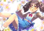  1girl :d bangs blue_flower blue_skirt blurry blurry_background blurry_foreground blush bow brown_eyes brown_footwear brown_hair brown_jacket collared_shirt eyebrows_visible_through_hair feet_out_of_frame floral_background flower glasses jacket knee_up kouu_hiyoyo long_sleeves open_clothes open_jacket open_mouth original pink_flower pleated_skirt red-framed_eyewear red_bow shirt shoes skirt sleeves_past_wrists smile socks solo twintails white_legwear white_shirt wide_sleeves yellow_flower 