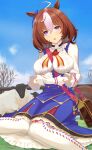  1girl ahoge animal animal_ears bag bangs blue_sky boots bow bowtie breasts brown_hair cloud eyebrows_behind_hair eyebrows_visible_through_hair fence gloves hair_between_eyes hair_ribbon highres horse_ears horse_girl kakumayu large_breasts looking_at_viewer meisho_doto_(umamusume) multicolored_hair open_mouth purple_eyes ribbon sheep short_hair sitting skirt sky smile solo tree umamusume white_gloves 