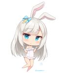  1girl animal_ears bare_legs bare_shoulders blue_bow blue_eyes blush bow bunny_ears chibi closed_mouth eyebrows_visible_through_hair frilled_swimsuit frills frown full_body hair_bow hands_up jitome long_hair looking_at_viewer off-shoulder_swimsuit off_shoulder one-piece_swimsuit original sasaame scrunchie simple_background solo swimsuit twitter_username white_background white_hair white_swimsuit wrist_scrunchie 