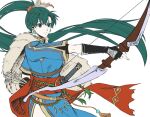  1girl alternate_costume arrow_(projectile) bow_(weapon) capelet delsaber earrings feather_hair_ornament feathers fingerless_gloves fire_emblem fire_emblem:_the_blazing_blade fire_emblem_heroes fur_capelet gloves green_eyes green_hair hair_ornament jewelry katana long_hair looking_at_viewer lyn_(fire_emblem) ponytail rope_belt smile sword very_long_hair weapon 