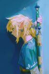  1boy bangs blonde_hair blue_eyes blue_shirt earrings from_side hand_up highres jewelry layered_sleeves link long_sleeves master_sword pofu31 pointy_ears ponytail profile shirt short_over_long_sleeves short_sleeves sword the_legend_of_zelda the_legend_of_zelda:_breath_of_the_wild triforce_print weapon weapon_on_back 