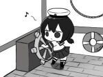  1girl chibi commentary_request eighth_note fubuki_(kancolle) full_body hat kantai_collection karin. kneehighs lifebuoy long_hair low_ponytail lowres musical_note parody peaked_cap ponytail school_uniform serafuku ship&#039;s_wheel short_ponytail solid_circle_eyes solo standing steamboat_willie 