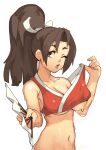  1girl bra bra_lift breasts brown_hair cleavage fan fatal_fury folding_fan hand_up high_ponytail highres holding holding_fan long_hair looking_at_viewer medium_breasts navel one_eye_closed open_mouth parted_lips shiranui_mai simple_background solo sweat the_king_of_fighters underboob underwear vins-mousseux white_background 