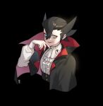  1boy alternate_costume bangs black_background black_hair black_nails blue_eyes buttons cloak collared_shirt cravat fang grimsley_(pokemon) hair_between_eyes hand_up long_sleeves male_focus mongguri nail_polish open_mouth pokemon pokemon_(game) pokemon_bw popped_collar raised_eyebrows shirt simple_background smile solo spiked_hair symbol_commentary upper_body vampire_costume white_neckwear white_shirt 