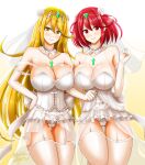  2girls alternate_costume armor blonde_hair blush breastplate breasts bridal_lingerie bridal_veil bride cameltoe cleavage closed_mouth cowboy_shot dress garter_straps gradient gradient_background highres hisin large_breasts lingerie long_hair multiple_girls mythra_(xenoblade) pyra_(xenoblade) red_eyes red_hair short_hair smile strap_slip thighhighs tiara underwear veil very_long_hair wedding_dress white_background xenoblade_chronicles_(series) xenoblade_chronicles_2 yellow_background yellow_eyes 