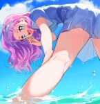  1girl :d belt bent_over blue_eyes cloud hairband laura_(precure) legs long_hair looking_back open_mouth pink_hair precure skirt sky smile solo sparkle tere tropical-rouge!_precure wading water wet wet_clothes 