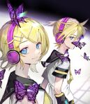  1boy 1girl arm_warmers bangs black_collar black_shorts blonde_hair blue_eyes bug butterfly butterfly_on_nose butterfly_on_shoulder collar collared_shirt commentary hair_ornament hairclip headphones highres insect kagamine_len kagamine_rin light_smile lips looking_at_viewer looking_to_the_side migikata_no_chou_(vocaloid) neckerchief necktie purple_butterfly sailor_collar school_uniform shirt short_hair short_ponytail short_sleeves shorts soyaka spiked_hair standing swept_bangs upper_body vocaloid white_shirt yellow_neckwear 