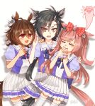  3girls agnes_digital_(umamusume) agnes_tachyon_(umamusume) ahoge air_shakur_(umamusume) animal_ears black_hair blood blood_from_mouth bow brown_hair commentary ear_piercing eyes_visible_through_hair giving_up_the_ghost hair_between_eyes hair_bow highres holding_test_tube horse_ears horse_tail messy_hair multiple_girls piercing pink_hair pleated_skirt red_bow red_eyes school_uniform short_hair short_sleeves skirt tagme tail test_tube thighhighs tracen_school_uniform umamusume yakiniku-chan_(alice-sweets) yellow_eyes 