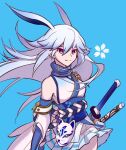  1girl 66732906 alternate_color alternate_hair_color animal_ears bangs bare_shoulders blue_background blue_hair blue_skirt closed_mouth fox_ears fox_mask honkai_(series) honkai_impact_3rd katana long_hair looking_at_viewer mask purple_eyes sheath sheathed simple_background skirt smile solo sword weapon yae_sakura yae_sakura_(gyakushinn_miko) 