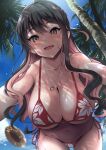  1girl alternate_costume beach bikini bikini_bottom bikini_top black_hair blush breasts cleavage collarbone day fang fang_out floral_print hair_down hanging_breasts hat highres jewelry kantai_collection kyogoku_shin large_breasts long_hair looking_at_viewer multicolored_hair naganami_(kancolle) navel necklace open_mouth outdoors palm_tree pink_hair pov red_bikini reward_available ring ring_necklace shade side-tie_bikini sky smile solo stomach straw_hat sunlight sweat sweatdrop swimsuit tree two-tone_hair wavy_hair wet yellow_eyes 