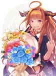  1girl absurdres ahoge bangs bouquet bow braid brooch commentary_request dated dragon_girl dragon_tail eyebrows_visible_through_hair flower highres holding holding_bouquet hololive horn_bow horn_ornament horns huge_filesize jewelry kiryu_coco long_hair middle_finger mottiie orange_hair purple_eyes smile solo tail teeth virtual_youtuber 