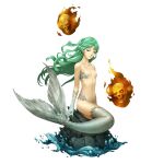  1girl burning doi_masayuki fins flat_chest floating_skull green_eyes green_hair mermaid mermaid_(shin_megami_tensei) monster_girl official_art scales shin_megami_tensei shin_megami_tensei_iv shin_megami_tensei_iv_final shin_megami_tensei_v sitting_on_rock skull solo thighs transparent_background water webbed_hands 