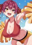  1girl bangs blush breasts cheerleader for-somebody heterochromia hololive houshou_marine looking_at_viewer red_eyes red_hair ribbon smile solo twintails virtual_youtuber yellow_eyes 