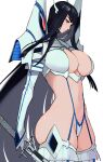  1girl absurdres ass black_hair blue_eyes commentary english_commentary ennuigrl highres junketsu katana kill_la_kill kiryuuin_satsuki lips long_hair looking_down midriff navel simple_background skindentation sword thighs weapon white_background 