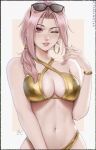  ;) bikini bracelet breasts chloe_(sciamano240) earrings jewelry large_breasts navel one_eye_closed original pink_eyes pink_hair sciamano240 smile sunglasses swimsuit 