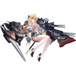  1girl :o bangs bison_cangshu black_footwear black_surge_night blonde_hair blue_bow blue_skirt bow braid breasts cleavage clothing_cutout detached_sleeves eyebrows_visible_through_hair french_kiss garter_straps gun hair_between_eyes hair_bow high_heels holster holstered_weapon kiss large_breasts long_hair nelson_(black_surge_night) official_art pleated_skirt ribbed_sweater rigging sheath sheathed skirt sleeveless_sweater solo sweater sword thighhighs transparent_background turtleneck turtleneck_sweater underboob underboob_cutout weapon white_legwear yellow_eyes 