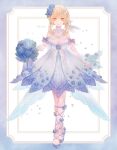  1girl alternate_costume bare_shoulders blonde_hair blue_dress blue_flower blue_footwear border bouquet breasts byuura_(sonofelice) cleavage commentary dress feather_hair_ornament feathers flower full_body genshin_impact gradient_dress hair_flower hair_ornament holding holding_bouquet hydrangea lace_trim looking_at_viewer lumine_(genshin_impact) petals serious short_hair short_hair_with_long_locks simple_background solo tagme twitter_username white_background white_dress white_wrist_cuffs wrist_cuffs yellow_eyes 