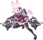  1girl animal_ears bangs black_bow black_legwear blue_oath bow breasts closed_mouth fox_ears fox_tail hair_bow hair_over_one_eye highres holding holding_sword holding_weapon katana le_malin_(blue_oath) leg_up long_sleeves mamuru medium_hair official_art pink_eyes red_neckwear rigging sailor_collar sheath solo sword tail thighhighs transparent_background unsheathing weapon 