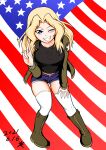  1girl 2021 absurdres american_flag_background black_tank_top blonde_hair blue_eyes blush boots breasts dated denim denim_shorts diagonal_stripes girls_und_panzer hair_intakes hand_on_own_knee highres kay_(girls_und_panzer) kirin_(davidbk) knee_boots large_breasts leaning_forward long_hair saunders_military_uniform shorts smile solo striped tank_top thighhighs v 