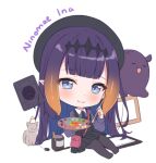  1girl animal ao-chan_(ninomae_ina&#039;nis) bangs beret big_head bird black_dress black_headwear blue_eyes cat character_name charging_device chibi chick commentary drawing_tablet dress english_commentary english_text eyebrows_visible_through_hair fang hair_ornament hat headpiece hitsukuya holding holding_paintbrush holding_palette hololive hololive_english long_hair looking_at_viewer ninomae_ina&#039;nis official_alternate_costume orange_hair paint_can paintbrush palette pantyhose pink_bag pointy_ears purple_hair purple_legwear purple_shirt shirt simple_background sitting skin_fang smile stylus tablet_pc tako_(ninomae_ina&#039;nis) tentacle_hair white_background 