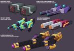  absurdres energy_weapon english_commentary english_text gatling_gun grey_background gun highres lextodrawstuff missile_pod no_humans original rifle science_fiction shotgun weapon weapon_sheet 