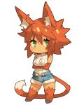  1girl :&lt; ahoge animal_ear_fluff animal_ears blue_shorts breasts cat_tail chibi closed_mouth commentary crossed_arms disconnected_mouth english_commentary fox_ears full_body green_eyes highres looking_at_viewer medium_breasts medium_hair monster_girl neko_hole neneko_(neko_hole) open_clothes open_shorts orange_hair paws ribbed_sweater short_shorts shorts simple_background sleeveless_sweater solo sweater tail vins-mousseux white_background 