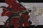  1girl bangs black_bodysuit bodysuit cape cloak clothing_cutout crown fire_emblem fire_emblem_heroes full_body gold_trim hair_ornament headpiece highres hime_cut long_hair looking_at_viewer messy_hair red_cape red_cloak red_eyes senobi_(senoby) signature solo veronica_(fire_emblem) white_hair 