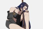  1boy ark1478 bare_shoulders barefoot belt_buckle black_hair buckle choker collarbone guilty_gear guilty_gear_x guilty_gear_xx hand_on_knees highres long_hair midriff red_eyes solo_focus straight_hair testament_(guilty_gear) 