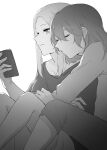  2girls absurdres byleth_(fire_emblem) byleth_(fire_emblem)_(female) capri_pants cellphone chinese_commentary closed_eyes closed_mouth collarbone commentary_request edelgard_von_hresvelg english_commentary fire_emblem fire_emblem:_three_houses greyscale hand_on_another&#039;s_arm hand_up highres holding holding_phone hug hug_from_behind long_hair long_sleeves looking_at_phone mixed-language_commentary monochrome multiple_girls natsuyiro_x pants phone shirt simple_background sleeping smartphone smile white_background yuri 