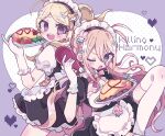  2girls aeruusa akamatsu_kaede apron blonde_hair blue_eyes bow braids breasts cleavage dangan-ronpa food headdress heart iruma_miu long_hair maid new_dangan-ronpa_v3 pink_hair purple_eyes thighhighs waitress wink zettai_ryouiki 