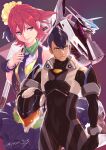  1boy 1girl blue_eyes bodysuit helmet highres idol kaname_buccaneer macross macross_delta mecha messer_ihlefeld mohawk pilot_helmet pilot_suit purple_eyes red_hair science_fiction short_hair vf-31 walkure_(macross_delta) yasai_maru 