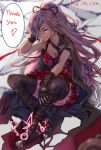  1girl black_gloves boots buckle cape cinderella_(sinoalice) dark-skinned_female dark_skin dress english_text gloves grin hair_ribbon kyashii_(a3yu9mi) long_hair looking_at_viewer pink_hair purple_eyes ribbon signature sinoalice sitting smile solo speech_bubble thank_you thighhighs twitter_username zettai_ryouiki 