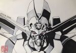  dangaioh_hyper_combat_unit dangaiou dated highres ink_(medium) looking_at_viewer mecha no_humans science_fiction solo spot_color super_robot tam_(garakuta_kaizou_ningen) traditional_media upper_body white_background 