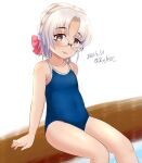  1girl ame-san blue_swimsuit braid brown_eyes commentary_request competition_school_swimsuit covered_navel cowboy_shot dated glasses grey_hair hair_ribbon highres hirato_(kancolle) kantai_collection looking_at_viewer one-hour_drawing_challenge ribbon school_swimsuit short_hair simple_background sitting solo swimsuit twitter_username wavy_hair white_background 