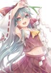  1girl absurdres aqua_hair arm_up armpits bow commentary cosplay detached_sleeves frilled_bow frills hair_bow hair_tubes hakama_skirt hakurei_reimu hakurei_reimu_(cosplay) hatsune_miku hayayon highres japanese_clothes long_hair looking_at_viewer midriff navel neckerchief open_mouth pleated_skirt red_bow red_shirt red_skirt sarashi shide shirt sidelocks skirt sleeveless sleeveless_shirt smile spring_onion touhou very_long_hair vocaloid white_sleeves yellow_neckwear 
