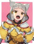  1girl animal_ears bangs blunt_bangs bodysuit cat_ears commentary facial_mark fangs forehead_mark gloves grey_hair hair_ribbon hands_on_hips kin_niku long_sleeves looking_at_viewer nia_(xenoblade) open_mouth ribbon short_hair simple_background solo two-tone_background white_gloves xenoblade_chronicles_(series) xenoblade_chronicles_2 yellow_bodysuit yellow_eyes 