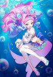 1girl :d absurdres akaike back_bow blue_bow blue_eyes blue_footwear blue_hair bow bubble cure_la_mer double_bun eyelashes fish full_body hair_intakes hair_ornament heart heart_in_eye highres laura_(precure) layered_skirt long_hair looking_at_viewer magical_girl multicolored multicolored_clothes multicolored_eyes multicolored_hair multicolored_skirt open_mouth pantyhose pink_eyes pink_hair precure shoes skirt smile solo symbol_in_eye thick_eyebrows toeless_legwear tropical-rouge!_precure twitter_username two-tone_hair underwater white_legwear 