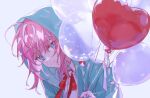  1boy ahoge amemura_ramuda balloon bangs blue_eyes commentary crossed_bangs green_jacket grey_background head_tilt holding holding_balloon hood hood_up hooded_jacket hypnosis_mic jacket kanose looking_at_viewer male_focus necktie pink_hair red_neckwear shirt short_hair sidelocks simple_background smile solo upper_body white_shirt 