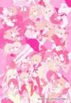  6+girls :d apron blonde_hair bob_cut bow cigarette closed_mouth dress girls_in_the_hell glasses hair_bow hair_bun highres hug kawai_rou loafers long_hair looking_at_viewer miniskirt mouth_hold multiple_girls neckerchief open_mouth own_hands_together parted_lips pink_theme school_uniform semi-rimless_eyewear serafuku shoes short_dress skirt smile socks thighhighs twintails under-rim_eyewear wristband yuri 