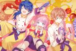  3boys amemura_ramuda apron arisugawa_dice arm_support arm_up bangs black_footwear black_pants blue_eyes blue_hair blush bow bowtie brown_hair buttons chef_uniform cherry closed_eyes commentary crossed_bangs doughnut earrings eating feet_out_of_frame fling_posse food fruit green_eyes holding holding_food holding_tongs hypnosis_mic jewelry kanose light_smile long_hair looking_at_viewer male_focus multiple_boys open_mouth pants paw_print paw_print_soles pink_hair ponytail red_neckwear shirt sidelocks smile tassel tassel_earrings tongs waist_apron white_apron white_shirt yellow_apron yellow_background yellow_pants yellow_shirt yellow_theme yumeno_gentarou 