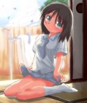  1girl black_hair blue_eyes blue_neckwear blue_skirt clothes_lift clothesline cloud collared_shirt doorway fence head_tilt highres necktie nichijou school_uniform shinonome_nano shirt short_hair sitting skirt skirt_lift sky smile socks sweat white_legwear yuukin 