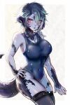  1girl absurdres akira-tama au_ra black_legwear blue_hair blush breasts colored_skin dragon_girl dragon_horns dragon_tail final_fantasy final_fantasy_xiv grey_skin hair_over_one_eye hand_on_hip highres horns large_breasts looking_at_viewer one-piece_swimsuit scales short_hair simple_background solo swimsuit tail thighhighs yellow_eyes 