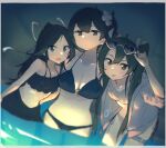  3girls bikini black_bikini black_hair blue_eyes blush breasts brown_eyes brown_hair cleavage collarbone eyebrows_visible_through_hair eyewear_on_head green_eyes green_hair hair_between_eyes highres kaga_(kancolle) kantai_collection katsuragi_(kancolle) large_breasts long_hair ma_rukan multiple_girls navel o-ring o-ring_bikini open_mouth ponytail side_ponytail signature smile sunglasses swimsuit twintails zuikaku_(kancolle) 