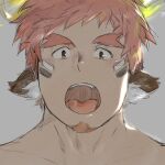  1boy animal_ear_fluff animal_ears blush brown_eyes brown_hair cow_boy cow_ears cow_horns face facial_hair facial_mark fiery_horns forked_eyebrows glowing_horns goatee highres horns looking_at_viewer male_focus onyu_(a52183171) open_mouth portrait short_hair solo spiked_hair teeth thick_eyebrows tokyo_houkago_summoners tongue upper_body wakan_tanka 
