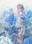  1girl absurdres alice_in_wonderland blue_butterfly blue_theme blush bow brown_hair bucket bug butterfly clenched_hand cotolier_risa dress flower frilled_dress frills hair_bow highres holding holding_paintbrush hydrangea insect ladder outdoors paint_can paintbrush painting rain shoes short_hair signature solo standing stepladder white_legwear 