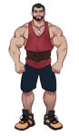  1boy bara bare_shoulders beard belt black_shorts dog_tags facial_hair full_body large_pectorals looking_at_viewer male_cleavage male_focus mature_male muscular muscular_male original pectorals red_tank_top selkiro short_hair shorts sidepec smile solo tank_top 