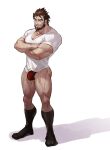  1boy bara beard blue_eyes briefs brown_hair bulge crossed_arms erection erection_under_clothes facial_hair full_body hair_strand highres kneehighs leg_hair looking_at_viewer male_cleavage male_focus male_underwear mature_male muscular muscular_male no_pants original pectoral_press pectorals penis_peek red_male_underwear selkiro shirt short_hair socks solo spiked_hair thick_thighs thighs underwear v-neck white_shirt 