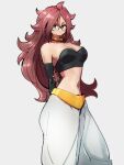  1girl android_21 arms_behind_back bare_shoulders blue_eyes breasts choker cleavage closed_mouth dragon_ball dragon_ball_super glasses grey_background hair_between_eyes kemachiku long_hair looking_at_viewer majin_android_21 medium_breasts midriff navel red_hair simple_background solo yellow_choker 