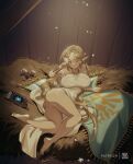  1girl ass barefoot blue_eyes bluethebone braid breasts closed_mouth covered_nipples front_braid highres large_breasts legs long_hair looking_at_viewer lying one_eye_closed patreon_username pointy_ears princess_zelda smile soles solo the_legend_of_zelda the_legend_of_zelda:_breath_of_the_wild very_long_hair 